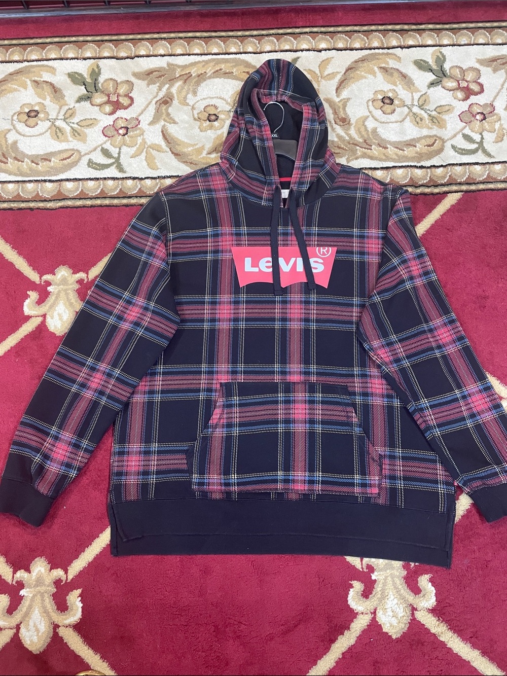 Levi's Men's Navy and Red Plaid Crewneck Hoodie